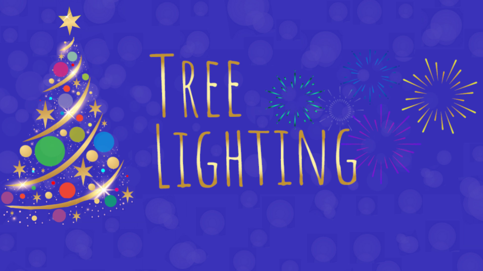 Tree Lighting event graphic with a graphic tree and fireworks