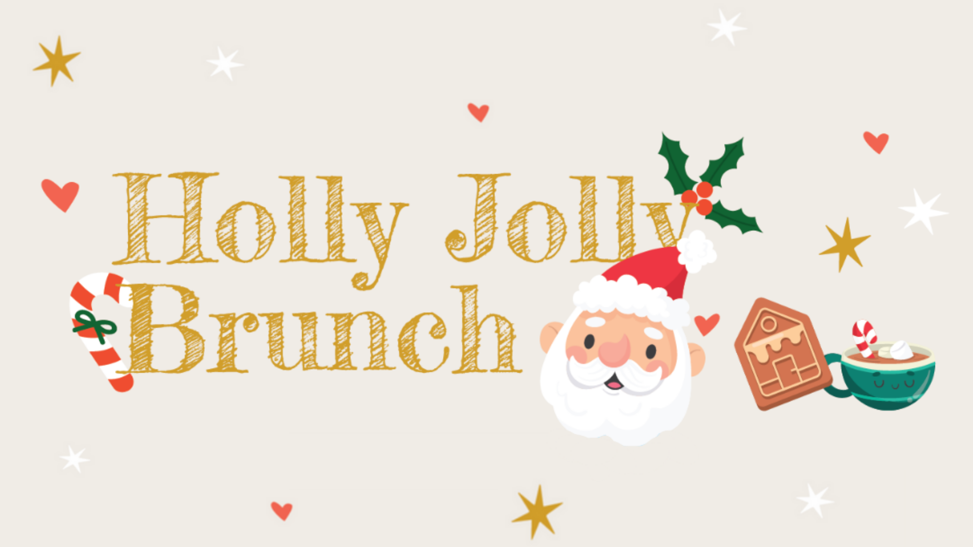 Holly Jolly Brunch event graphic with santa, hot cocoa and candy canes
