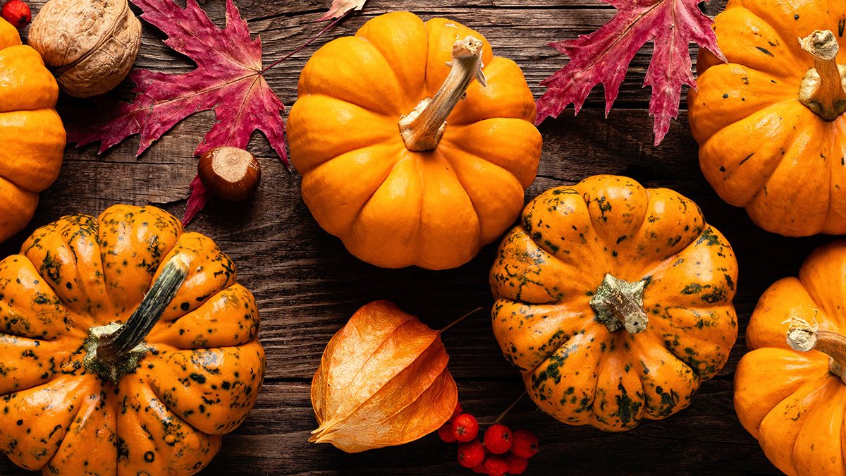 Autumn decorative pumpkins with fall leaves on wooden background.