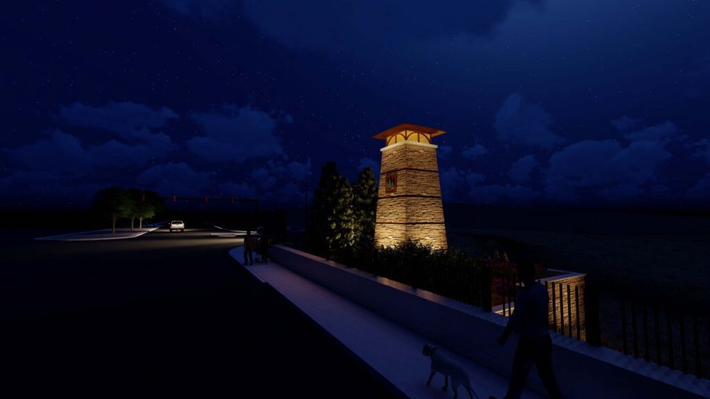 Visualization of Gateway Monument lighted at night