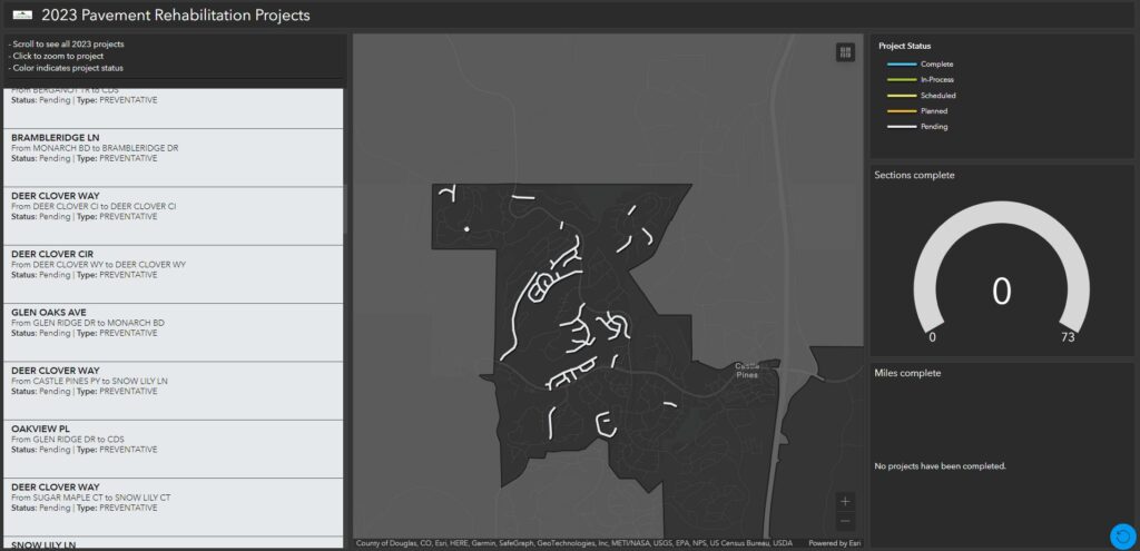 interactive map window in black and white contrast color palette that provides project locations for the 2024 pavement rehabilitation projects