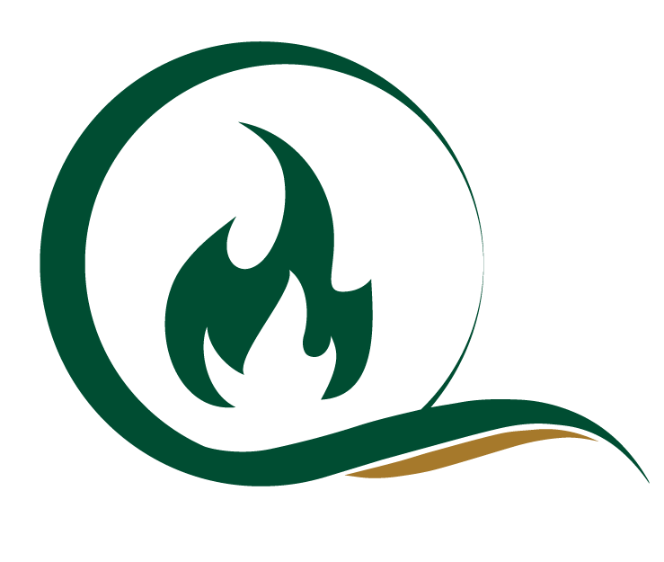 Program Background, Logo of the Castle Pines Wildfire Mitigation Initiative. Green circle with flame.