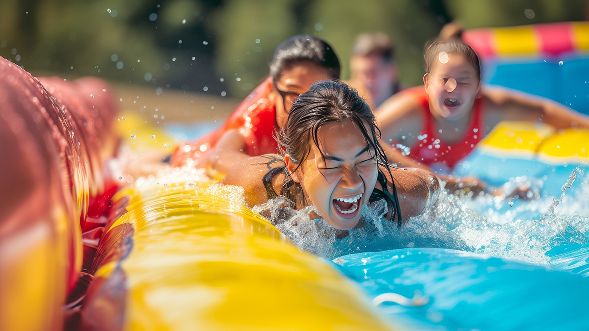 A group of kids sliding down an inflatable water obstacle course.