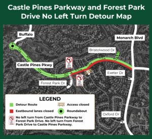 Map showing that there will be no left turn from Castle Pines Parkway westbound onto Forest Park Drive.