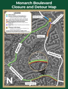 Map showing closure and detours for motorists to use as Monarch Boulevard is under construction.
