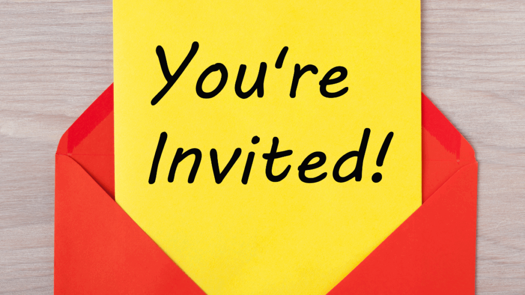 Red envelope with yellow piece of paper that reads "you're invited!"