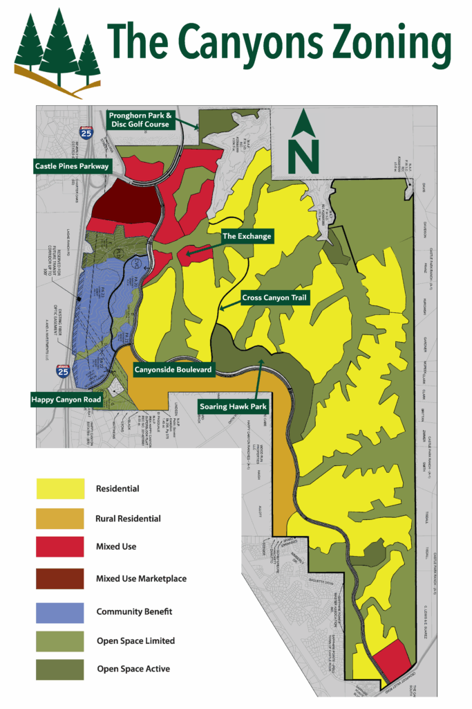 Map of The Canyons Planned Development showing zoning designations, including residential, mixed-used, open space, and parks.