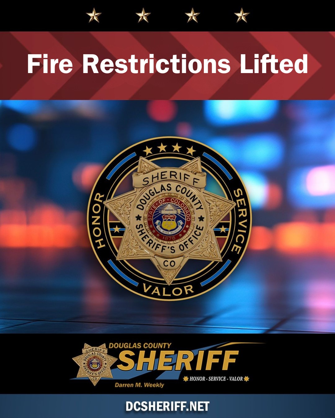 Graphic with the Douglas County Sheriff's Office badge logo and text that says Fire Restrictions Lifted.