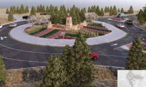 Rendering of a monument feature inside a roundabout with the Castle Pines logo and a variety of grasses, shrubs, and trees.