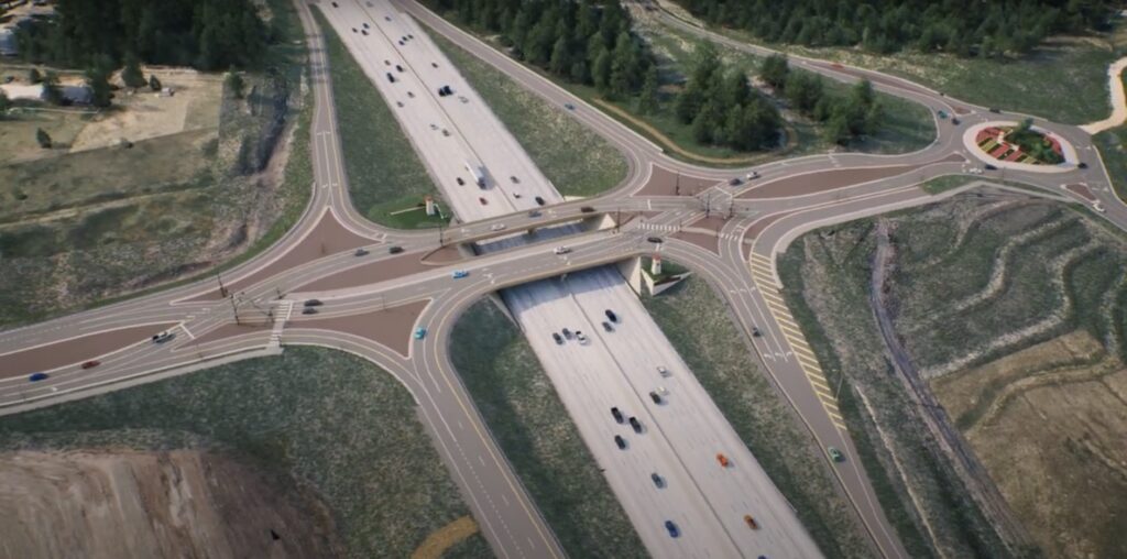 Aerial overview of the designed improvements to the future diverging diamond interchange at Happy Canyon Road and Interstate 25.