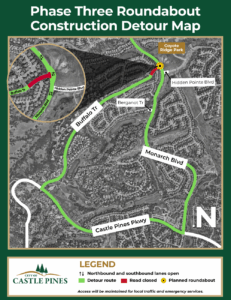 Phase Three roundabout detour construction detour map showing that Buffalo Trail will be closed to traffic between Winter Ridge Drive and Monarch Boulevard for roadway construction. Access to homes within the construction area will be maintained via Castle Pines Parkway and Buffalo Trail.