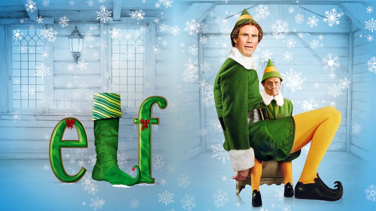Promotional image of the movie "Elf", featuring actors Will Ferrell and Bob Newhart.