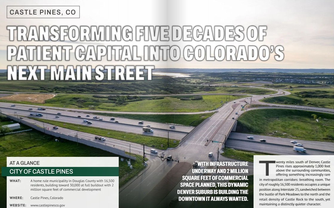 Aerial image of the Castle Pines Parkway and Interstate 25 interchange with a bright green landscape surrounding it.