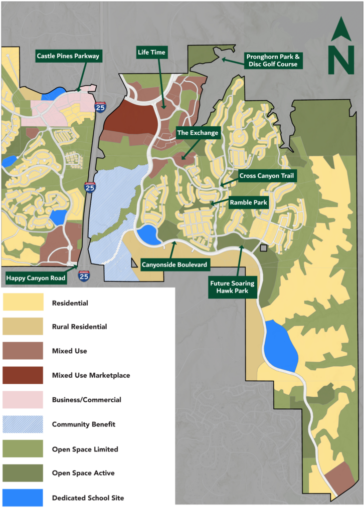 Residential and commercial zoning map of The Canyons area in the City of Castle Pines