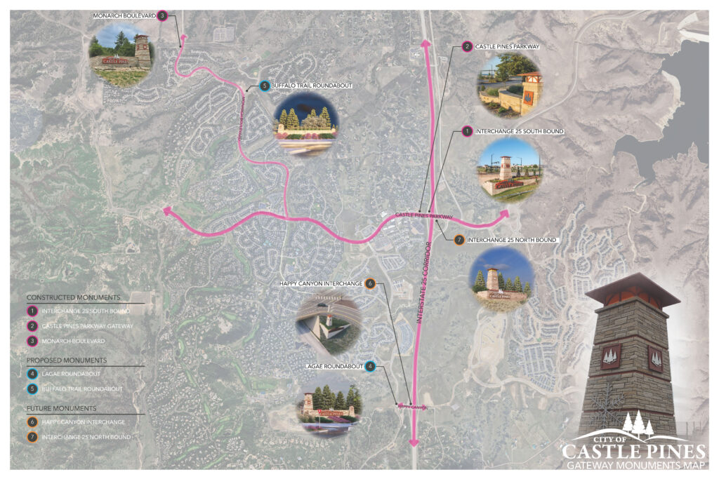 Map showing the completed and future locations of the Castle Pines Gateway monuments.