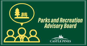 Three stylized figures with a thought bubble with a tree and a bench above them representing the Castle Pines Parks and Recreation Advisory Board.