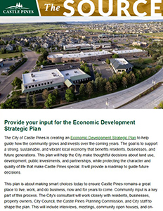 Cover of The Source e-newsletter with a photo of buildings in the Castle Pines Business District.
