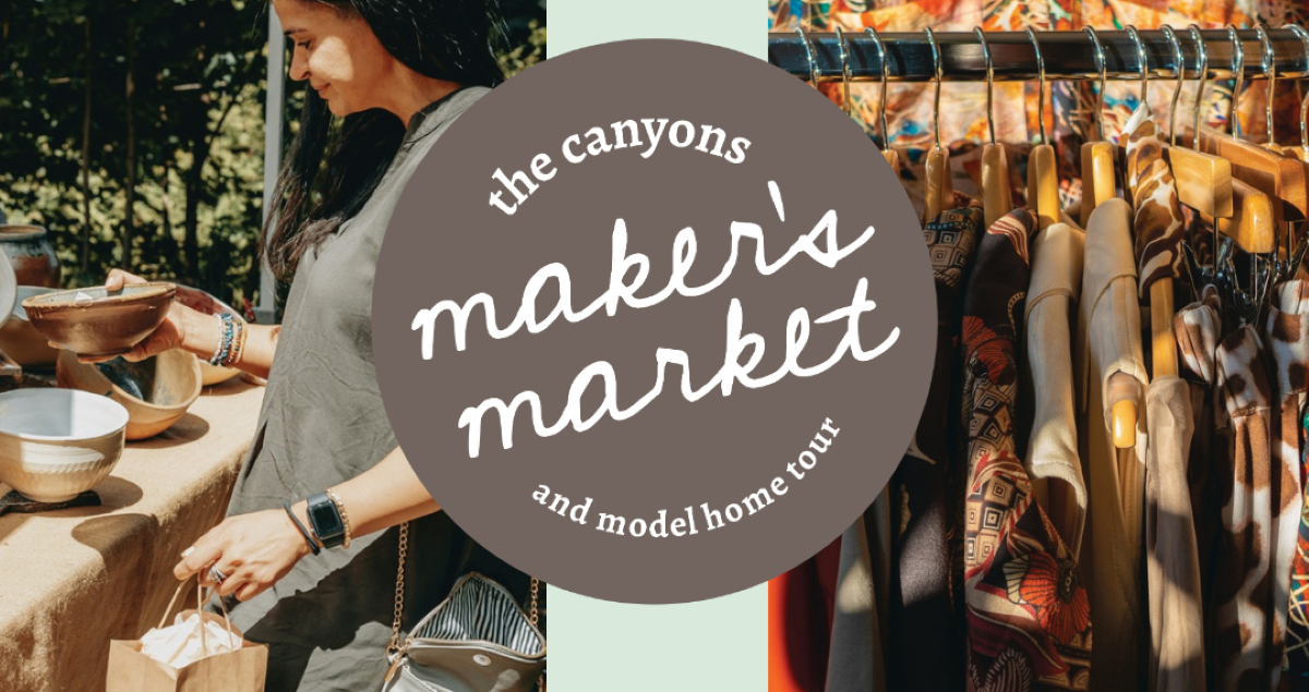 Image of clothes and a lady looking at pottery. Text reads "The Canyon's Marker's Market."