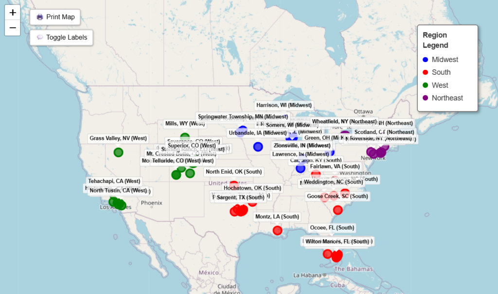 Map showing municipal members of the National ZIP Code Advocacy Organization.