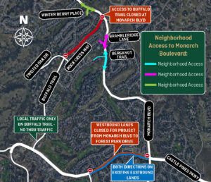 Local detours (shown above) will be available for the neighborhoods adjacent to the Buffalo Trail Closure. The entirety of Buffalo Trail, from Castle Pines Parkway to Monarch Boulevard, will be open to local traffic only, Non-local traffic should access Monarch Boulevard via Castle Pines Parkway.