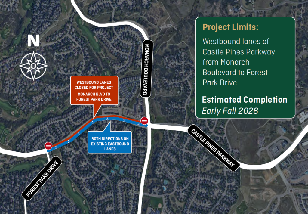 Detour map of the westbound Castle Pines Parkway reconstruction project showing both eastbound and westbound lanes detoured to the existing eastbound lanes.