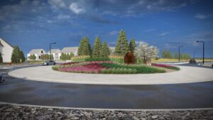 Rendering of a City of Castle Pines monument sign inside a roundabout with landscaping.
