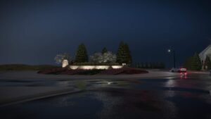 Rendering of a City of Castle Pines monument sign inside a roundabout with landscaping at night.